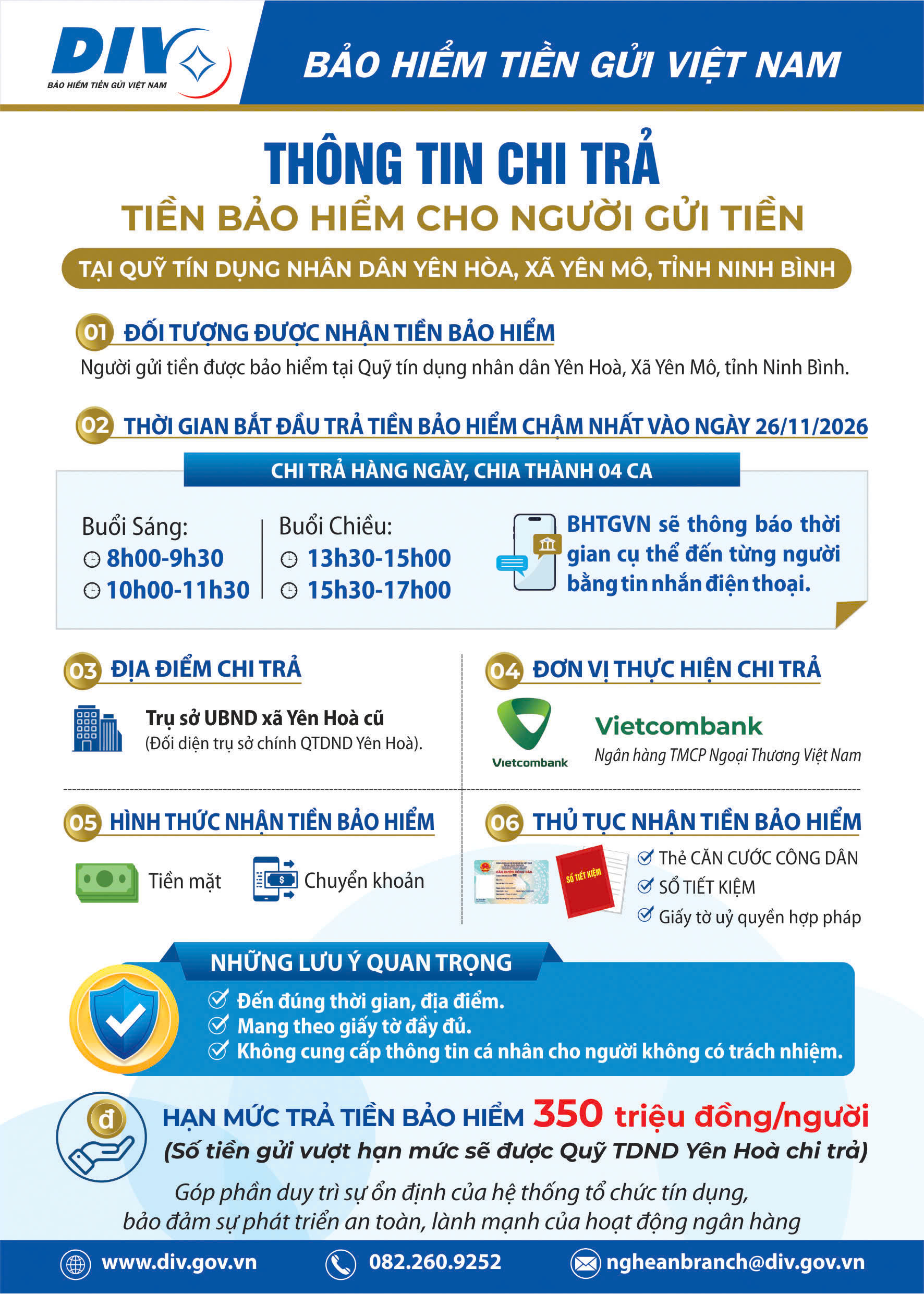 Thông tin chi trả tiền bảo hiểm cho người gửi tiền tại Quỹ tín dụng nhân dân Yên Hòa, xã Yên Mô, tỉnh Ninh Bình