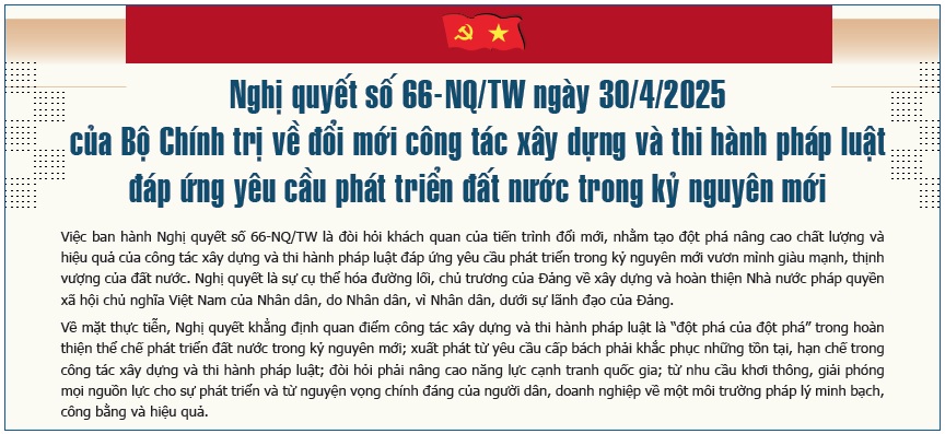 Nghị quyết số 66-NQ/TW ngày 30/4/2025 của Bộ Chính trị về đổi mới công tác xây dựng và thi hành pháp luật đáp ứng yêu cầu phát triển đất nước trong kỷ nguyên mới